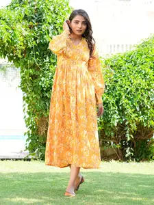 GULAB CHAND TRENDS Yellow Floral Print Formal Fit & Flare Dress