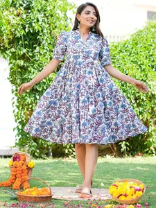 GULAB CHAND TRENDS Blue Floral Print Fit & Flare Dress