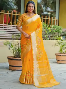 Mitera Yellow & Gold-Toned Floral Embroidered Silk Cotton Saree