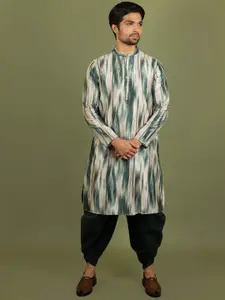 KISAH Men Green Striped Keyhole Neck Thread Work Kurta