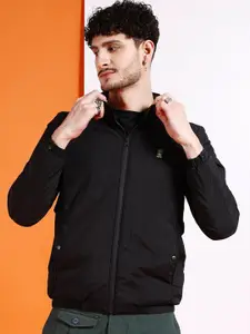 The Indian Garage Co Men Black Colourblocked Crop Outdoor Bomber with Embroidered Jacket