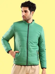 The Indian Garage Co Men Green Colourblocked Crop Outdoor Bomber with Patchwork Jacket
