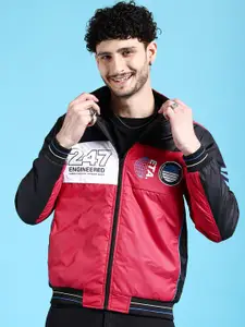 The Indian Garage Co Men Red Crop Outdoor Bomber with Patchwork Jacket