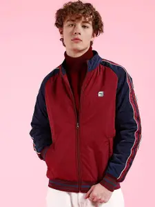 The Indian Garage Co Men Maroon Colourblocked Crop Outdoor Sporty Jacket with Patchwork