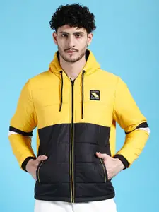 The Indian Garage Co Men Yellow Colourblocked Crop Outdoor Bomber with Patchwork Jacket