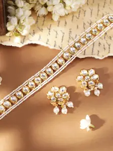 Rubans 22K Gold Plated White Pearl Beaded Floral Kundan Choker Necklace Set