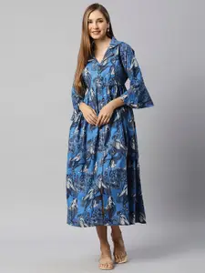 Aanyor Blue Floral Print Bell Sleeve Maternity A-Line Midi Dress