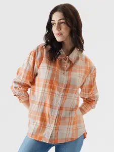 The Souled Store Women Orange Tartan Checks Opaque Checked Casual Shirt