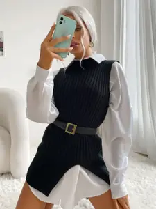 StyleCast Black Striped Round Neck Sleeveless Longline Pullover Sweater