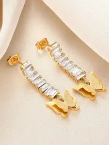 KRYSTALZ Stainless Steel Gold Plated Rhinestone Studded Butterfly Drop Earrings