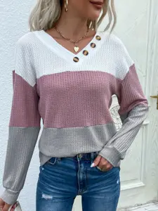 StyleCast Grey Colourblocked V-Neck Cotton Pullover Sweater