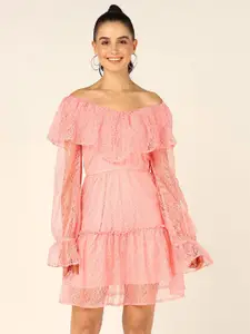 DressBerry Pink Floral Laced Tiered Off-Shoulder Puff Sleeve A-Line Dress
