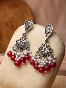 XPNSV Silver-Plated Oxidised Peacock Shaped Drop Earrings