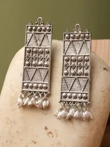 XPNSV Silver-Plated Rectangle Tribal Pattern Drop Earrings