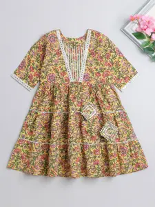 The Magic Wand Girls Floral Printed Fit & Flare Cotton Ethnic Dress