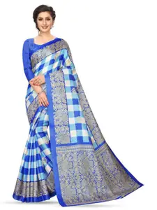 Mitera Blue & White Checked Art Silk Banarasi Saree