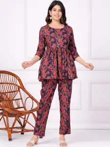 Vastralay Floral Printed Pure Cotton Peplum Top & Trousers
