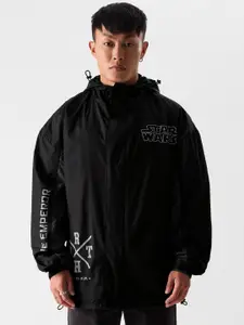 The Souled Store Black Typography Printed Windcheater Longline Oversized Open Front Jacket