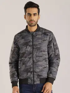 Indian Terrain Camouflage Printed Stand Collar Long Sleeves Reversible Bomber Jacket