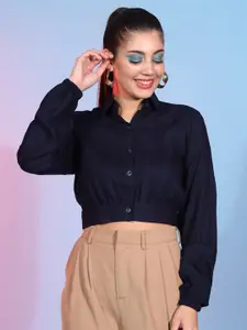 Mitera Navy Blue Striped Shirt Style Crop Top