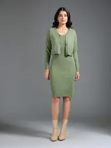 20Dresses Olive Green V-Neck Acrylic Sheath Dress With Crop Cardigan Set