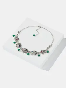 SHAYA 925 Sterling Silver Artificial Stones and Beads Studded Oxidised Necklace