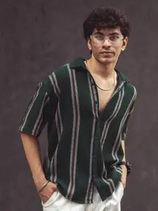 Powerlook India Slim Olive Green Multi Stripes Opaque Oversized Casual Shirt