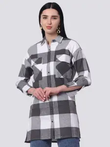 ZERAC Relaxed Boxy Checked Cotton Flannel Longline Casual Shirt
