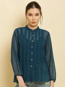 HERE&NOW Teal Blue Self Design Band Collar Sheer Shirt Style Top
