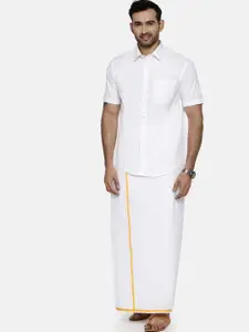 Ramraj Short Sleeves Shirt With 1/2 inch Gold Jari Border Veshti