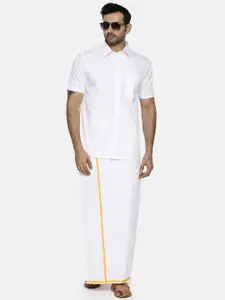 Ramraj Short Sleeves Shirt With 3/4 inch Gold Jari Border Veshti