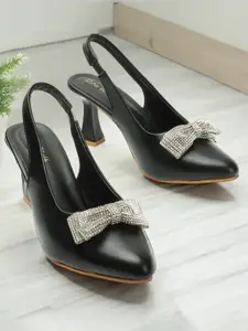 Retro Walk Bow Embellished Slim Heel Pumps