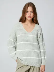 Koton Striped V-Neck Long Sleeves Acrylic Pullover Sweater
