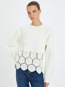 Koton Floral Self Design Round Long Sleeve Pullover Sweatshirt