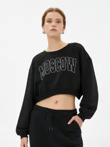 Koton Typography Printed Round Neck Long Sleeve Pullover Crop Sweatshirt