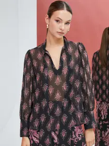 Koton Ethnic Motifs Printed Tie-Up Neck Cuffed Sleeves Sheer Top