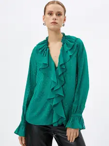 Koton Self Design Ruffled Semi Sheer Shirt Style Top