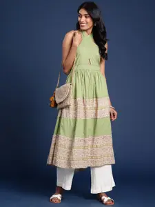 Taavi Pure Cotton Ethnic Motifs Printed Halter Neck Dobby Gulli Sanganeri Kurta