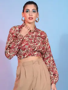 Mitera Floral Printed Shirt Collar Cuffed Sleeves Cropped Shirt Style Top