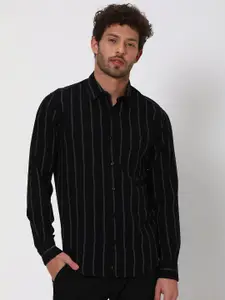 Mufti Slim Fit Vertical Stripes Twill Spread Collar Long Sleeves Cotton Linen Casual Shirt