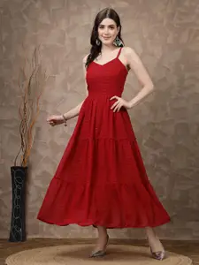 plusS Red Striped Embellished Shoulder Straps Gathered & Tiered Detail Maxi Dress