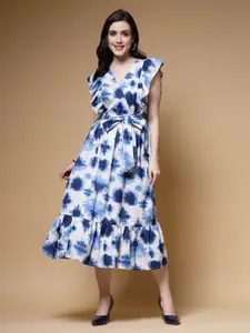 plusS Blue Abstract Printed Flutter Sleeves Fit & Flare Midi Dress