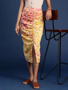 Taavi Women Pure Cotton Ruched Detail Rangeen Dabu Pencil Skirt