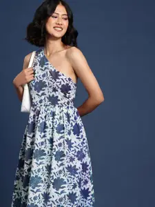 Taavi Floral Print Pure Cotton One Shoulder A-Line Rangeen Dabu Dress