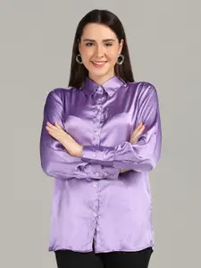 RIVI Lavender Relaxed Fit Long Sleeves Satin Casual Shirt