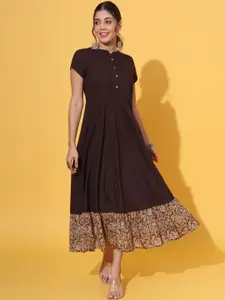 DECKEDUP Mandarin Collar Gathered Cotton Fit & Flare Maxi Ethnic Dress