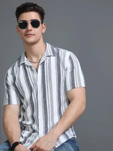 HERE&NOW White Slim Fit Vertical Striped Cuban Collar Cotton Casual Shirt