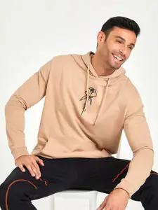 Styli Beige Embroidered Relaxed Fit Hooded Cotton Pullover Sweatshirt