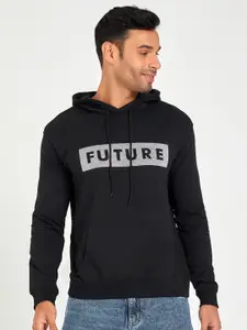Styli Black Typography Printed Relaxed Fit Hooded Cotton Pullover Sweatshirt