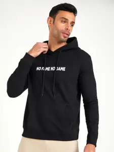 Styli Black Typography Slogan Printed Relaxed Fit Hooded Cotton Pullover Sweatshirt